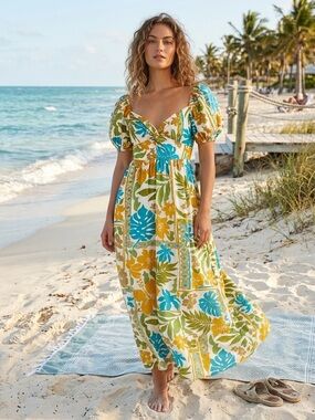 Japna Puff Sleeve Midi Dress Linen Blend Floral Vacation Beach Cruise Safari